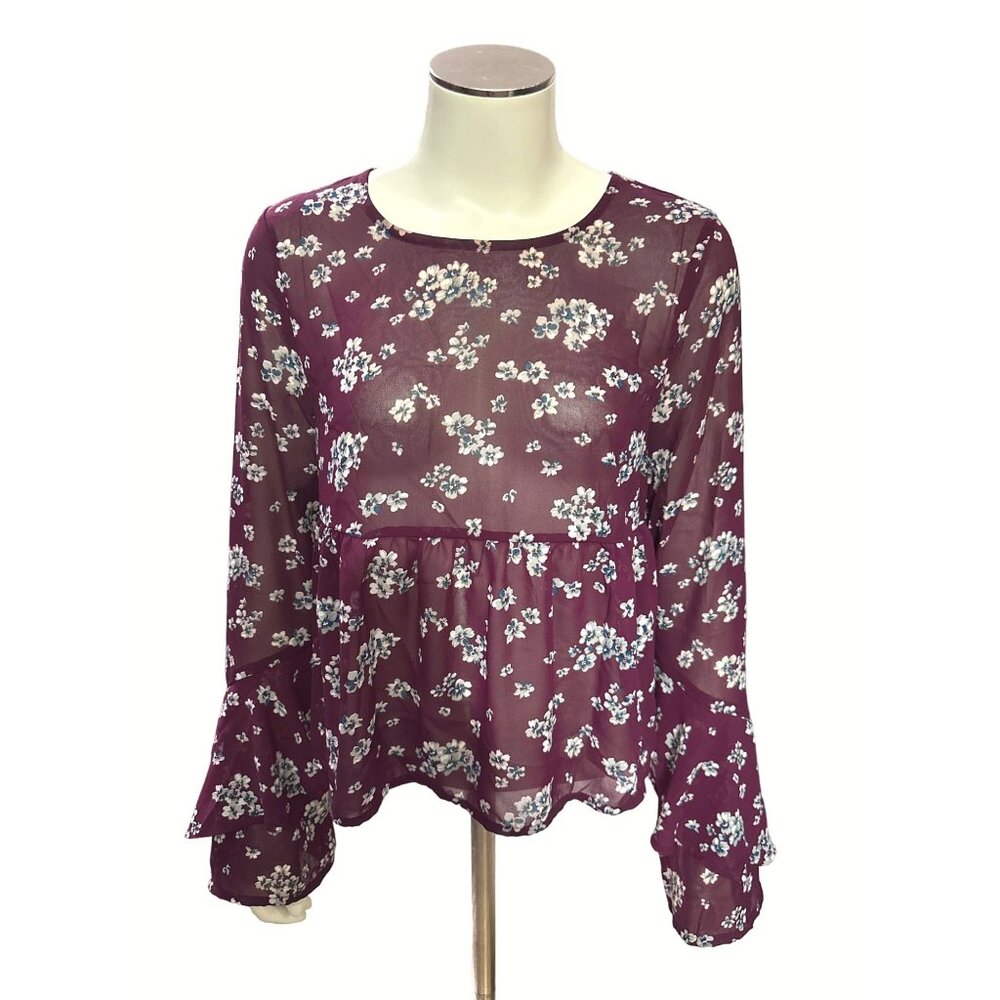 Aeropostale Sheer Floral Chiffon Blouse Size Small Burgundy White Bell Sleeves